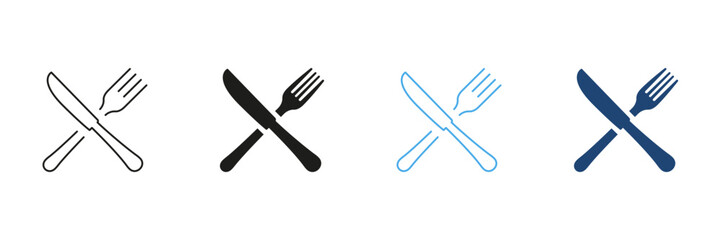 Fototapeta premium Knife And Fork Line and Silhouette Icon Set. Dining And Healthy Eating Symbol. Mealtime, Healthy Food And Nutrition Concept. Editable Stroke. Isolated Vector Illustration