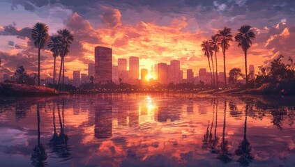Fototapeta premium Spectacular Sunset over City Skyline with Palm Trees Reflected in Calm Waters
