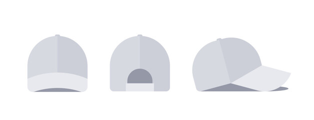 White baseball cap. Front, back, side view. isolated on white background