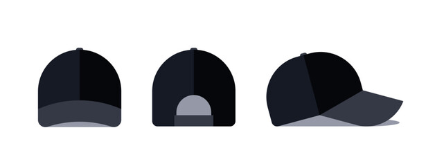 Black baseball cap. Front, back, side view. isolated on white background