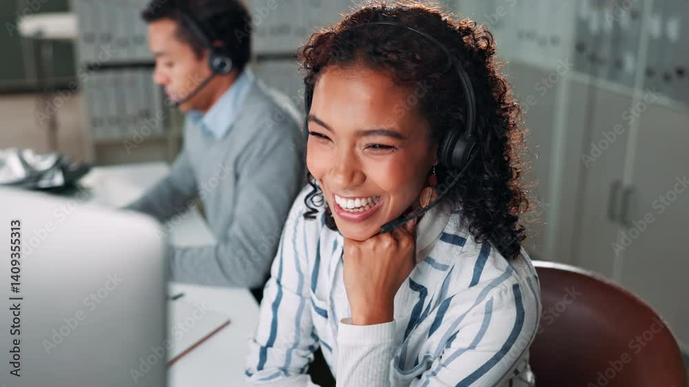 Aufkleber communication, computer and headset with woman in call center for help or online assistance. contact