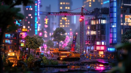 Obraz premium Nighttime Urban Scene with Construction Equipment and Neon Lights