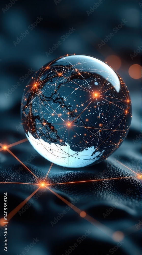 Wall mural connected world globe with glowing network lines on dark background.