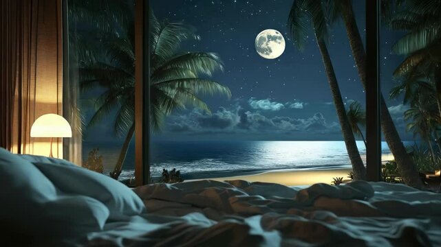Сozy bedroom overlooks tropical beach under the full moon, with palm trees, ocean waves, and soft lighting creating peaceful and romantic nighttime atmosphere. Сoncept hotels and summer vacations.