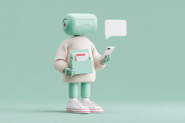 Friendly robot holding smartphone and folder with speech bubble displaying latest information