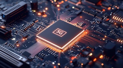 Modern 5G Microchip on Circuit Board with Colorful Light Effects