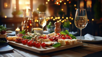 Elegant Dinner Table Setting with Gourmet Food and Wine Glass