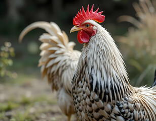 Rooster Portrait with White Feathers and Red Comb in Natural Light