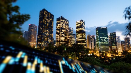 Fototapeta premium City skyline at dusk with financial data overlaid
