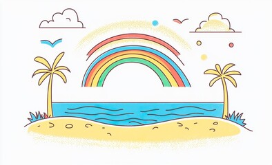 Obraz premium Summer vacation-themed line art logo featuring sun, rainbow, sea waves, palm trees, ice cream sundae, and loungers with 