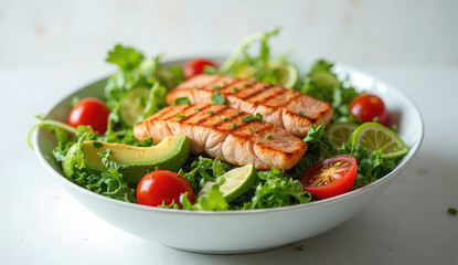 Grilled Salmon Salad with Avocado, Tomatoes, and Lime