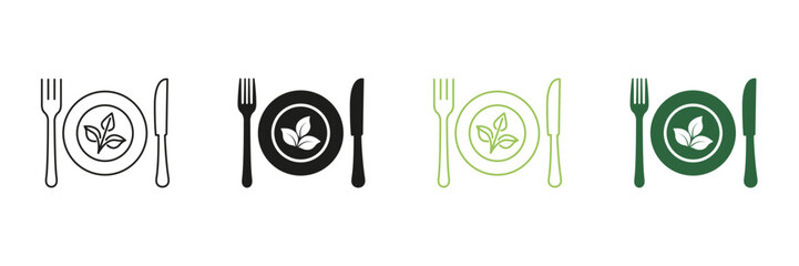 Plate With Leaf And Cutlery Representing Vegan Diet And Healthy Food. Vegetarian Food And Healthy Eating. Editable Stroke. Isolated Vector Illustration