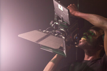Filmmaker Crew Team With Professional Cinema Equipment And Video Camera On Set