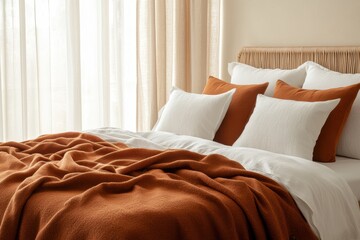Obraz premium Rustic Comfort: A warm and inviting bedroom with a cozy bed dressed in crisp linen sheets and a textured throw blanket in burnt orange.