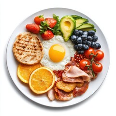 Colorful high-protein breakfast plate displaying eggs, fresh fruit, and seasonal vegetables for a nutritious start