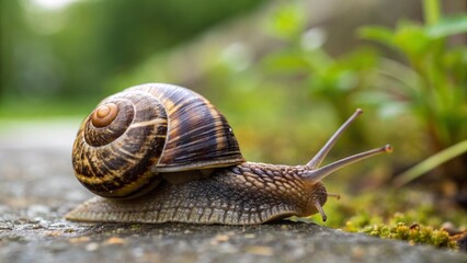 This image captures a macro view of a snail, its spiral-patterned brown and tan shell in focus, as it moves across a gray surface with a softly blurred green background