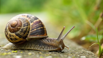 A detailed close-up of a garden snail with a brown and tan striped shell, slowly crawling on a textured gray surface in a natural outdoor environment with blurred green foliage