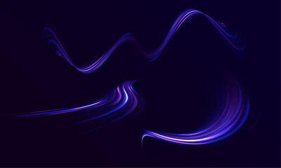 Futuristic light motion effects on a black background, showcasing fast-moving neon stripes and creative illustrations of high-speed concepts, ideal for visualizing technology and progress.	
