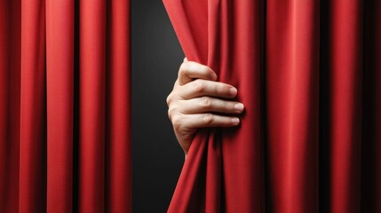 A human hand gently pulls back a vibrant red curtain, revealing a glimpse of the space behind the fabric. It invites the viewer to explore the unknown.