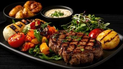 Grilled Steak with Vegetables and Sauce on a Dark Background