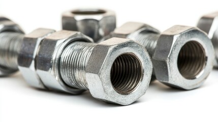 Close-up of metal nuts on a white surface, highlighting industrial craftsmanship