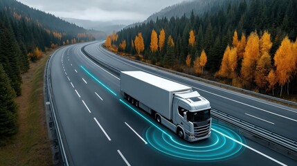 A futuristic semi-truck navigates an autumn highway, surrounded by lush forests and modern technology. The vehicle's autonomous system is active.