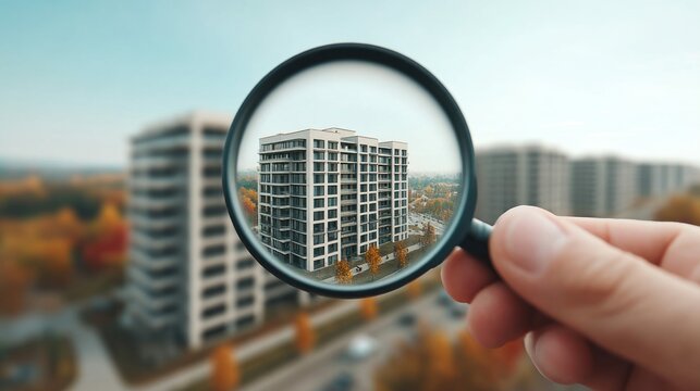 A magnifying glass focuses on a modern apartment building, symbolizing real estate assessment and property investment. The backdrop includes other buildings and autumn foliage.