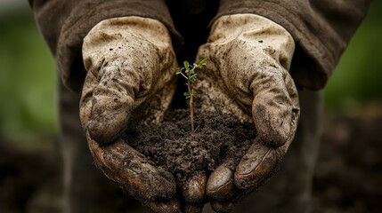 Nurturing New Life: A tender sprout, cradled gently in worn, dirt-covered hands, evokes a feeling of hope and renewal, set against a soft, out-of-focus backdrop.