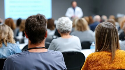 Attendees at a medical conference listen to a speaker, a doctor in a white coat, presenting in front of a screen.