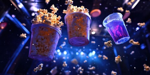 Popcorn and Soda Cups Floating: High-angle view of dynamic levitation and artistic composition showcases popcorn and soda, frozen in mid-air. Evoking a sense of playfulness and intrigue.
