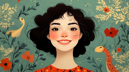 Smiling girl surrounded by whimsical floral and animal illustrations.