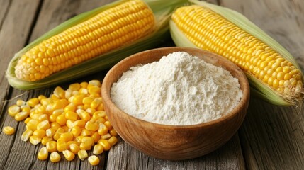 Close up of corn on the cob kernels and cornstarch in a wooden bowl on a wooden surface top view