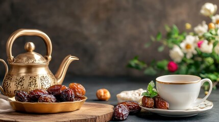 Fototapeta premium Traditional Arabic Tea Set with Dates and Flowers on Dark Table
