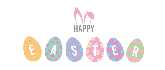 Happy Easter Vector Creative Greeting Card or Banner Design. Easter Word on Decorated Eggs, Bunny Ears, Spring Flowers and Plants decorations. Painted and Ornamental Eggs Hunt Creative Easter Design.
