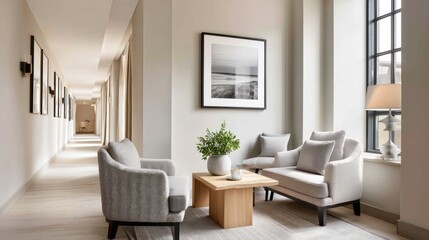 A cozy waiting area with a small sofa, armchairs, a wooden table, and framed art in a well-lit corridor. Elegant and serene setting.