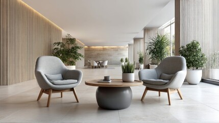 Fototapeta premium A modern lobby with comfortable seating, natural light, and lush plants. The design features wooden accents and a neutral color palette, inviting relaxation.