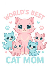 Naklejka premium Weltbeste Katzenmama – niedliche Illustration mit Katzenmutter und Kätzchen in Rosa und Babyblau, perfekt für Muttertag und Geschenke