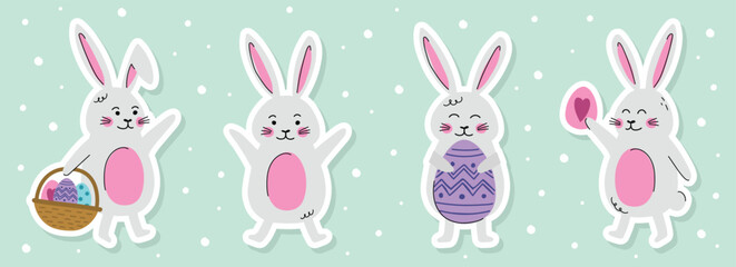 Cute Easter bunny sticker. Collection of icon in cartoon style. Vector illustration