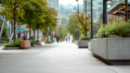 Obraz premium A vibrant city boulevard with lush greenery and modern architecture creates a serene, urban atmosphere for pedestrians.