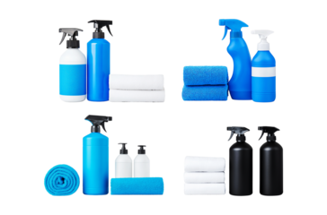 Various household cleaning supplies and bottles collection for home care