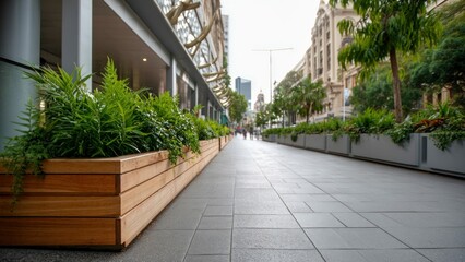 Fototapeta premium A wide pedestrian walkway in an urban setting features lush green plants and trees. The pathway is lined with planters and buildings, with people in the distance.