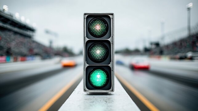 A drag racing start light signals green as race cars speed down the track with blurred motion, ready to compete.