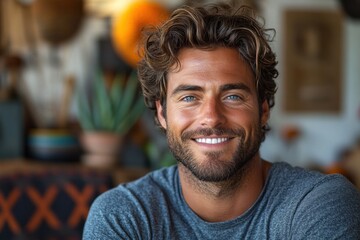 Obraz premium Confident Smiling Asian Man in Cozy Modern Interior