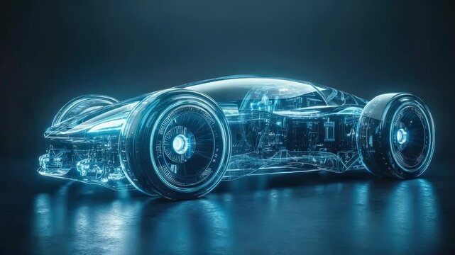 a futuristic holographic car model with a sleek, glossy finish, precision craftsmanship, and attention to detail in automotive design.