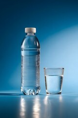 Refreshing Water Bottle and Glass on Blue Background