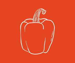 Vector outline of a whole bell pepper on a red square background. Organic, hand-drawn vegetable ideal for recipe books, vegan food branding, and farm market visuals