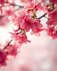 Obraz premium Coral-pink cherry blossoms glow in creamy light.