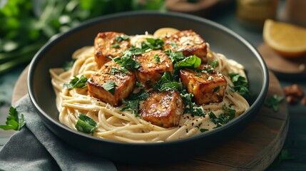 Tempeh in creamy pasta with herbs, fusion dish served on matte ceramic plate