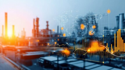 An industrial refinery is shown with graphical data and world map, implying business and global trade dynamics.