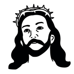 Black and White Vector Illustration of Jesus Christ with Crown of Thorns — Religious Minimalist Line Art